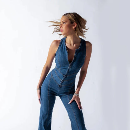 Vivienne | Women’s Sleeveless Flared-Leg Denim Jumpsuit | Elegant One-Piece Ensemble