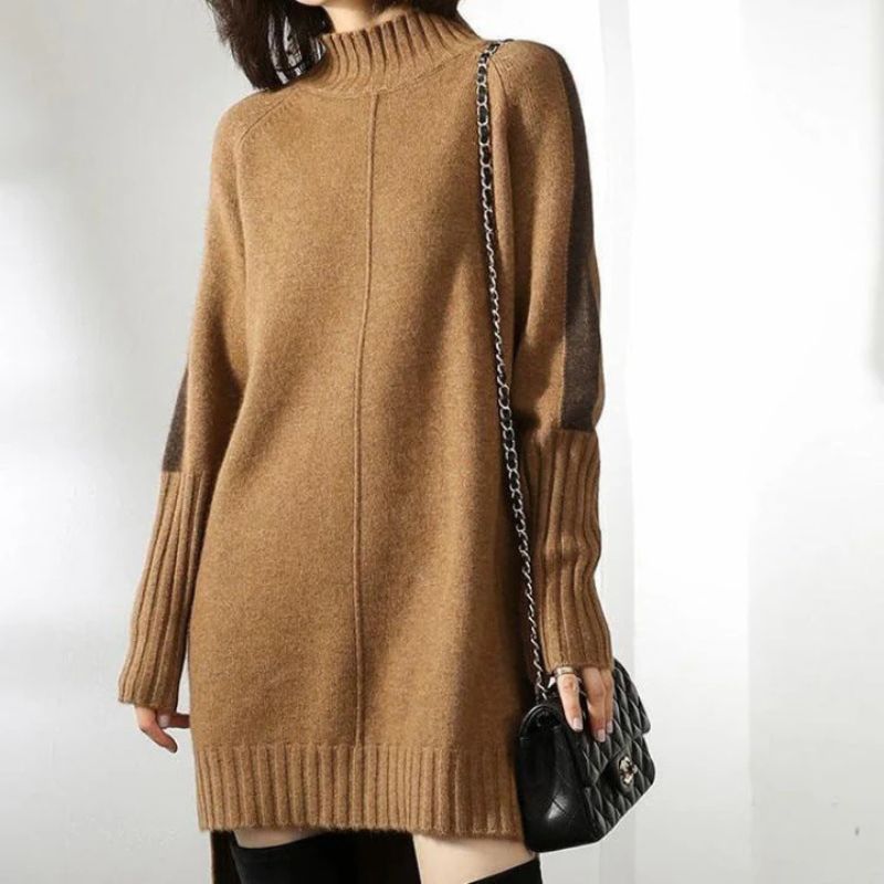 Celestine Ribbed Oversized Knit – Women's Midi Dress in Cognac Brown