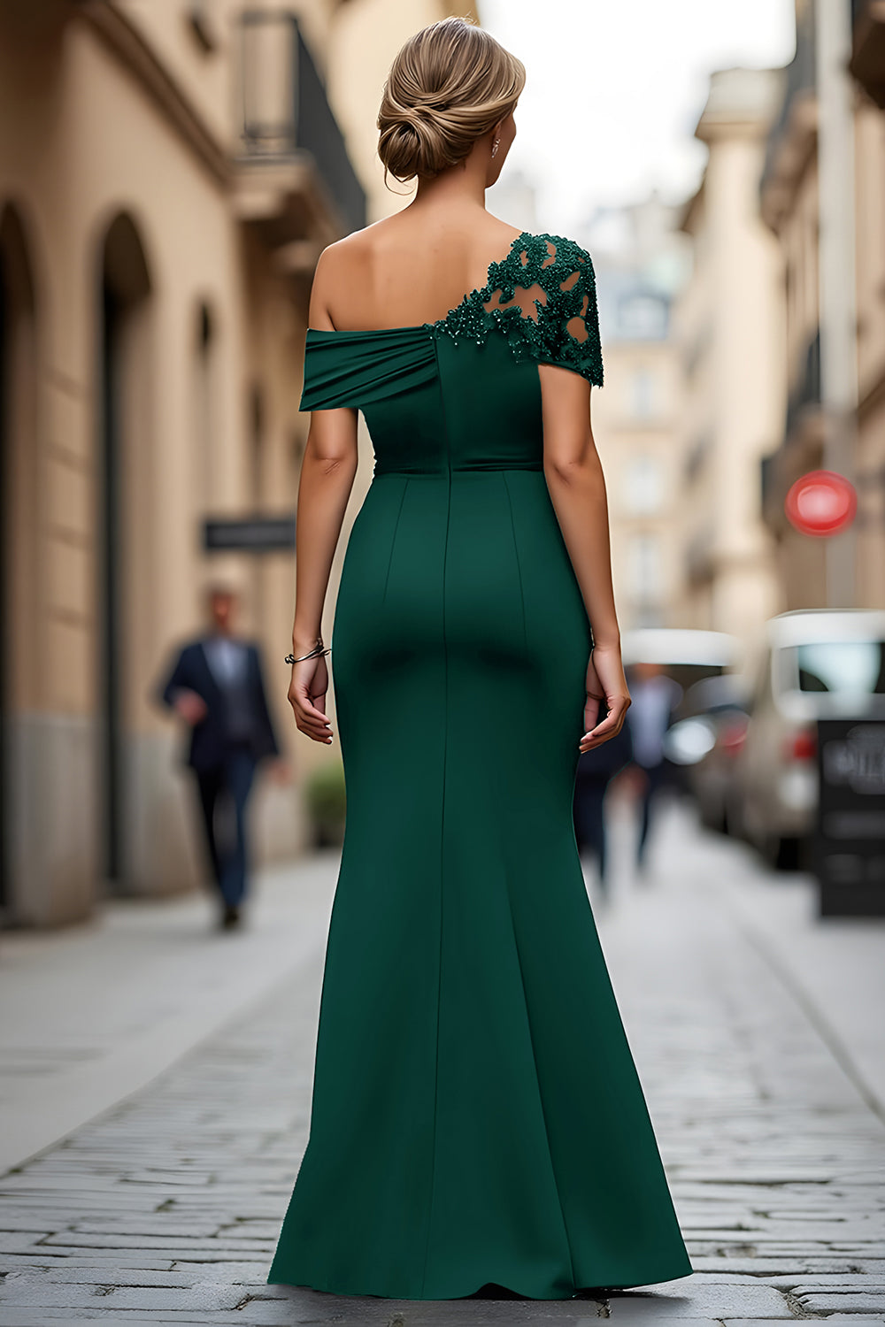 Wilhelmina One-Shoulder Sheath in Peacock – Women's Gown Dress