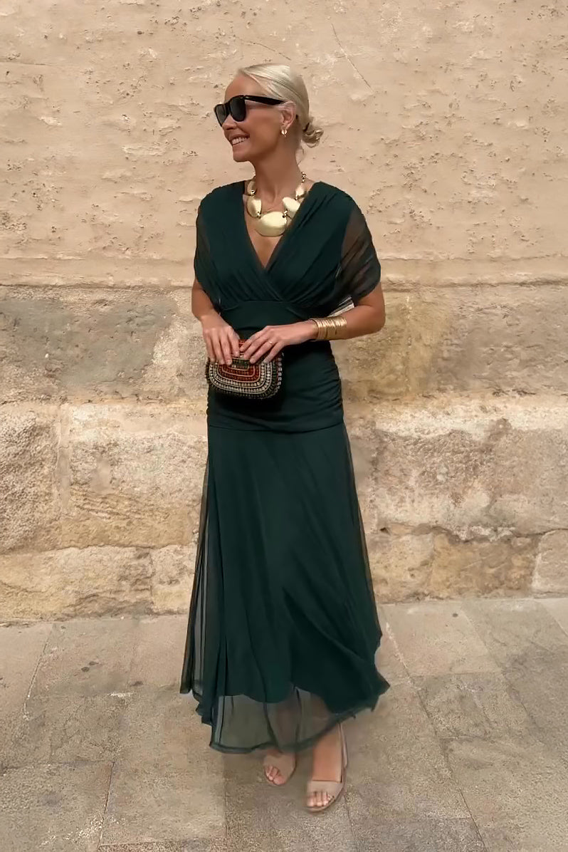 Rosalind | Draped V-Neck Ruched Maxi Dress — Velouze