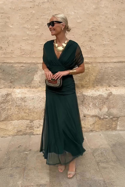 Rosalind | Draped V-Neck Ruched Maxi Dress — Velouze