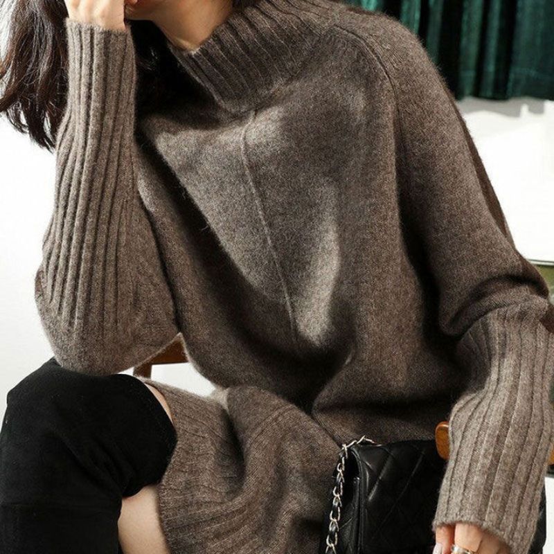 Celestine Ribbed Oversized Knit – Women's Midi Dress in Cognac Brown