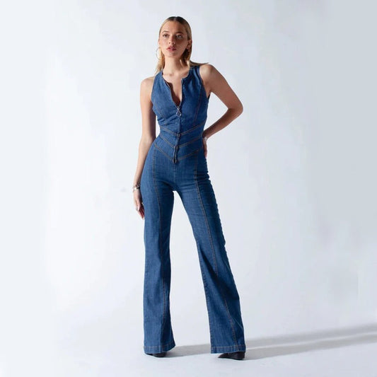 Vivienne | Women’s Sleeveless Flared-Leg Denim Jumpsuit | Elegant One-Piece Ensemble