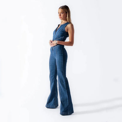 Vivienne | Women’s Sleeveless Flared-Leg Denim Jumpsuit | Elegant One-Piece Ensemble