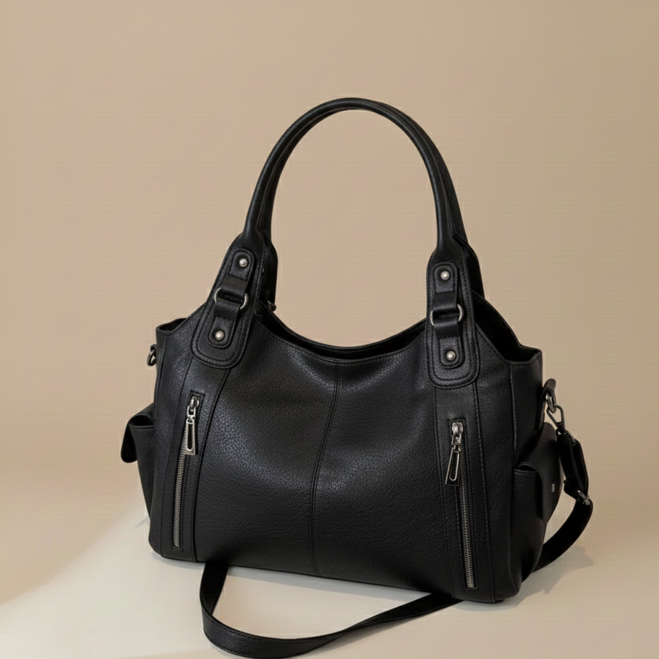 Black handbag on a beige background