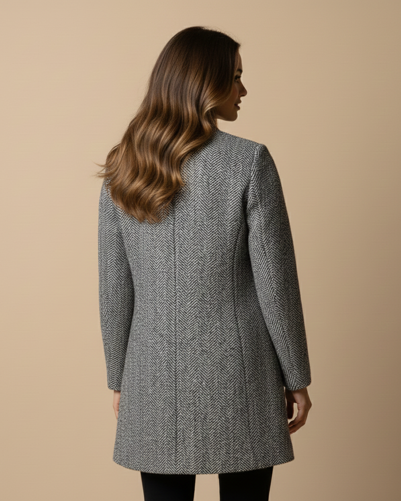 Woman wearing a gray coat against a beige background