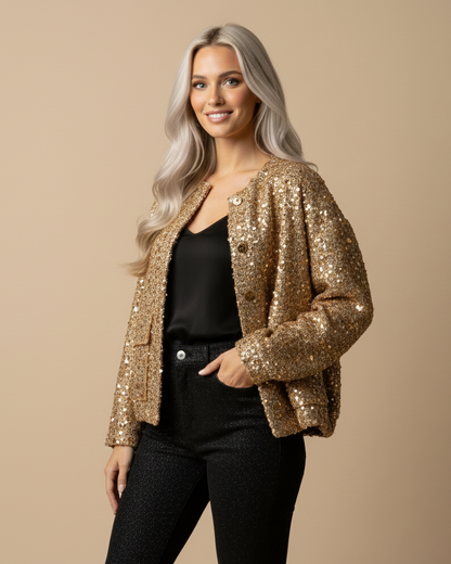 Woman wearing a gold sequin jacket on a beige background