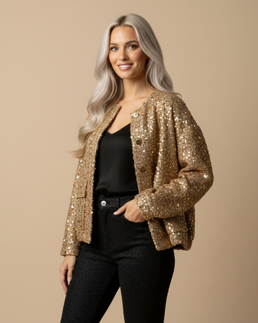 Woman wearing a gold sequin jacket on a beige background
