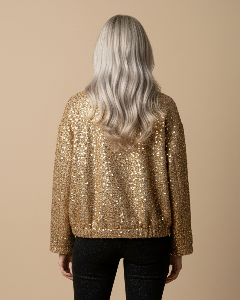 Person wearing a gold sequin jacket on a beige background
