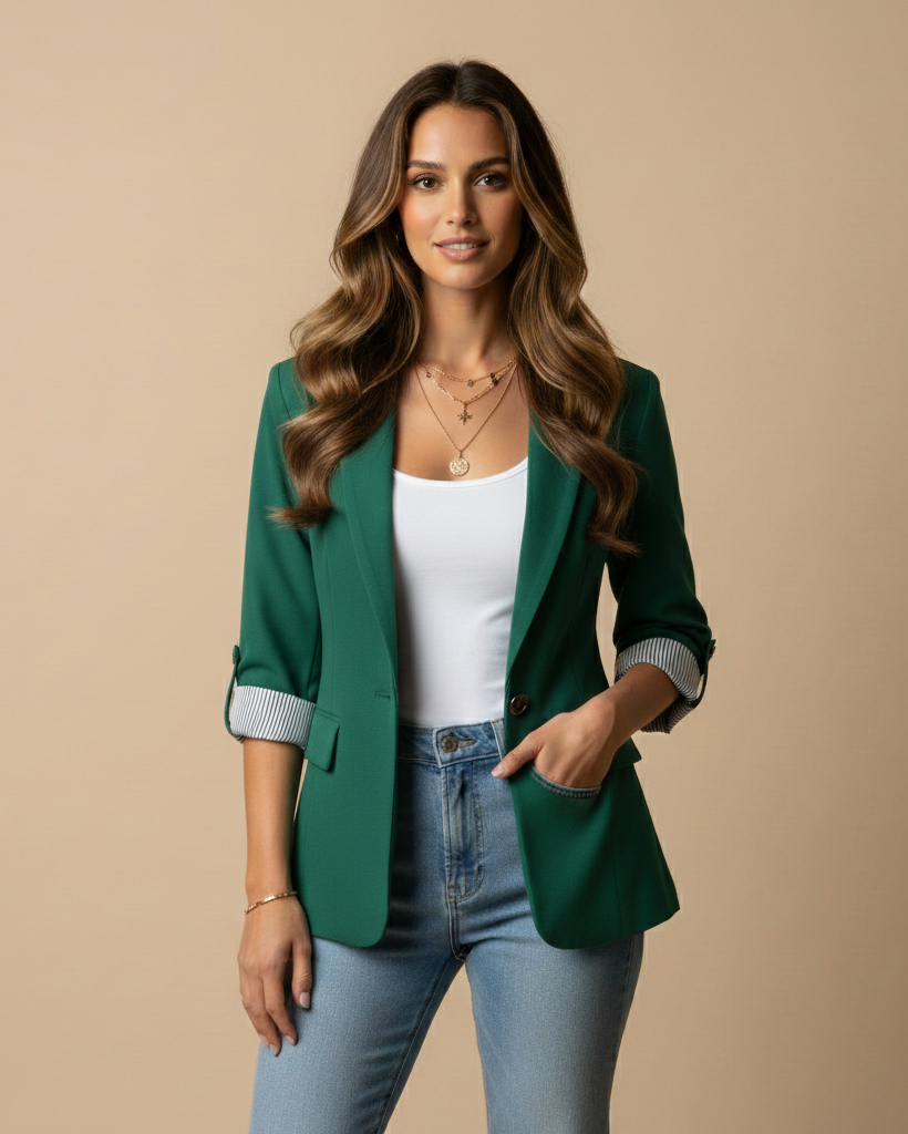 Woman wearing a green blazer over a white top and blue jeans on a beige background