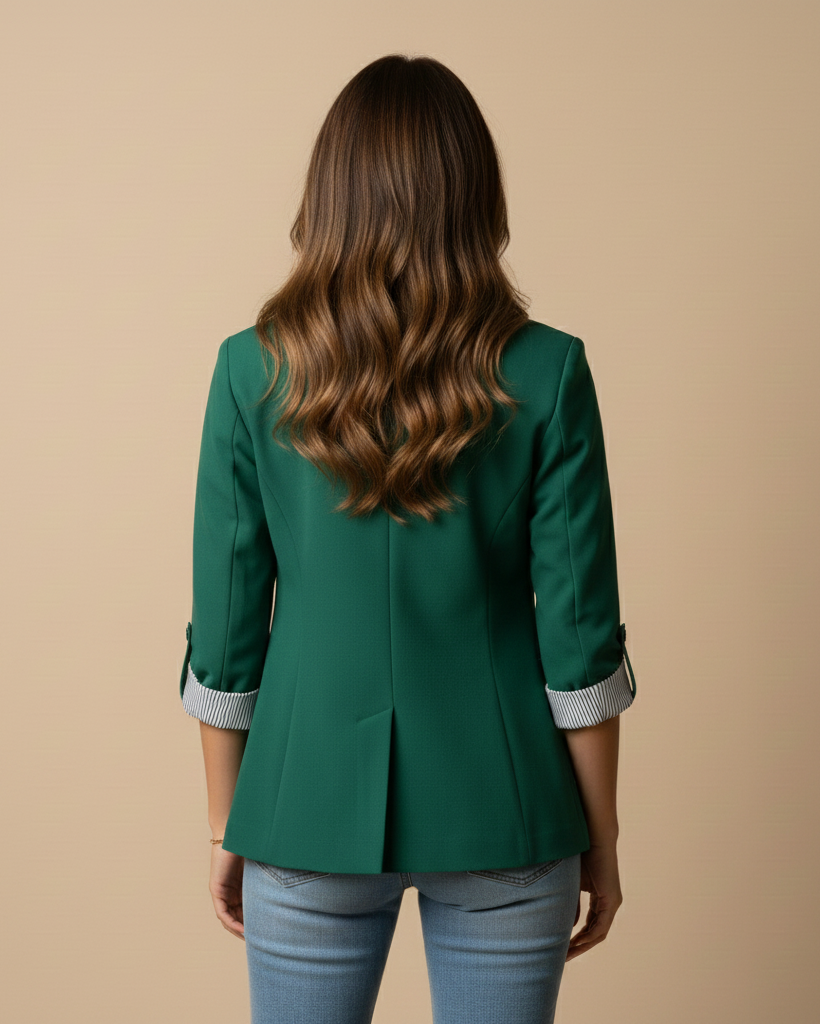 Person wearing a green blazer and blue jeans on a beige background