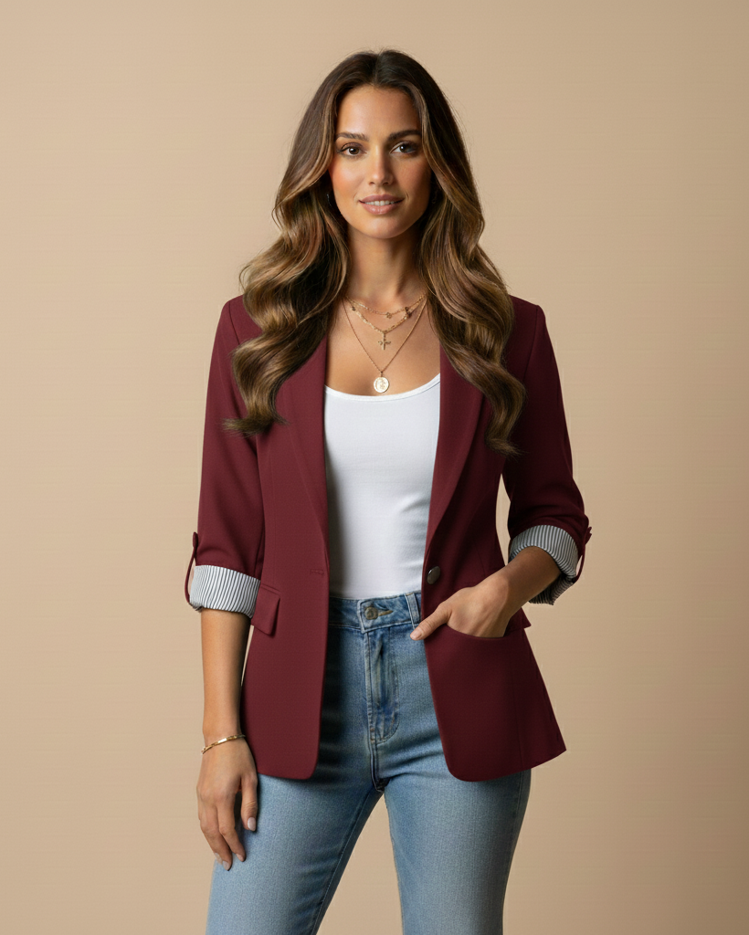 Woman wearing a burgundy blazer over a white top and blue jeans on a beige background