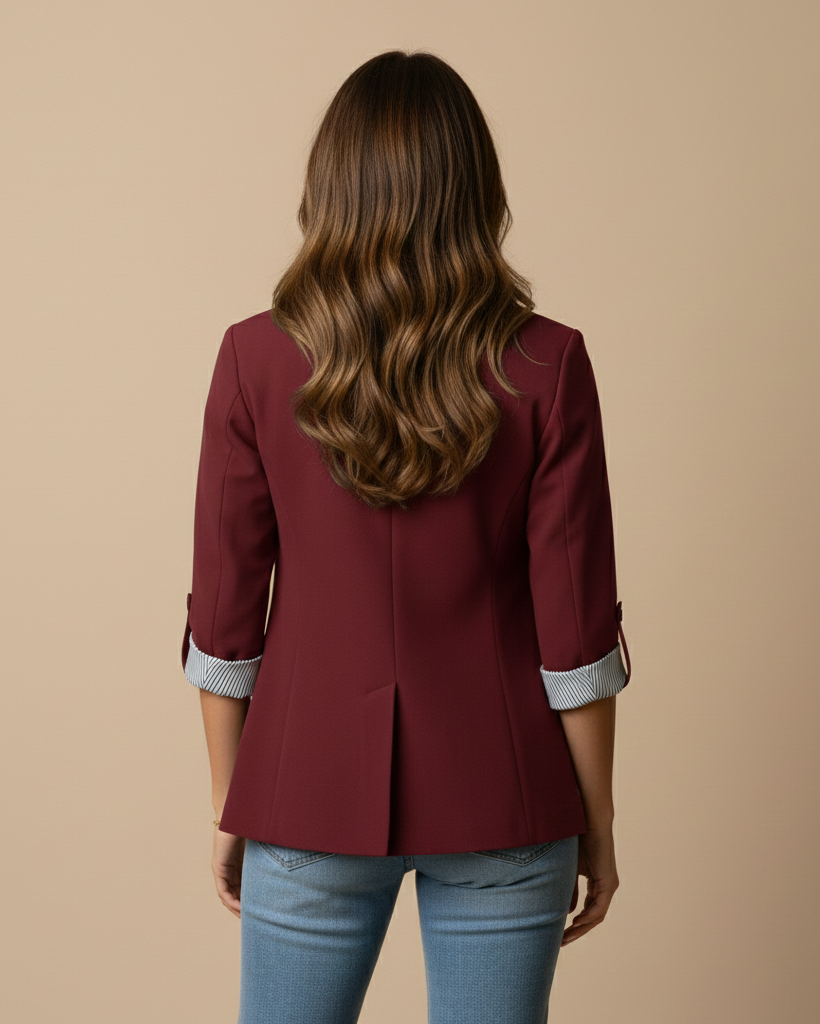 Person wearing a burgundy blazer and blue jeans on a beige background
