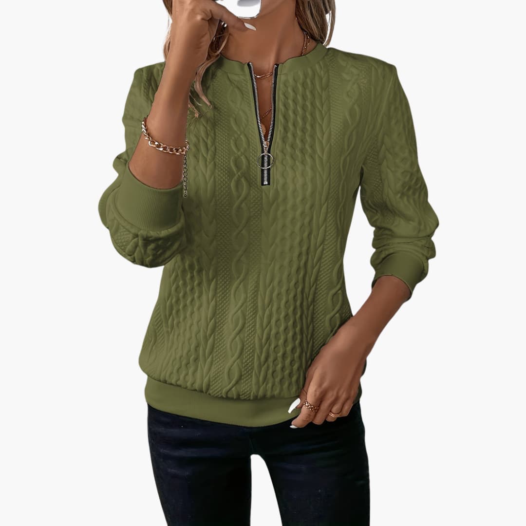 Cable Knit Women's Pullover Sweater | Front Zipper, Long Sleeve 10