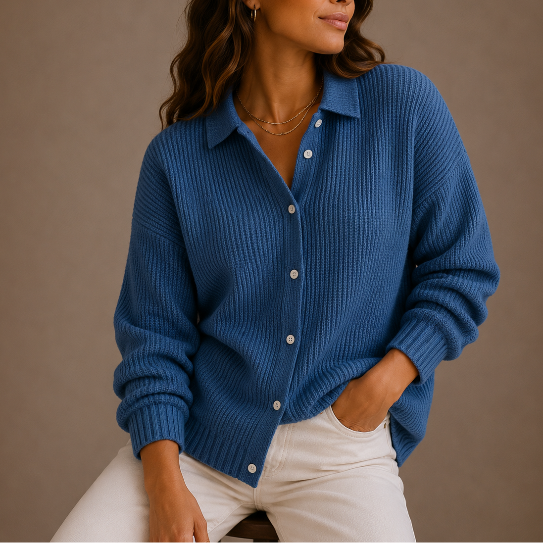 Tessa Collared Ribbed – Women's Cardigan in Blue