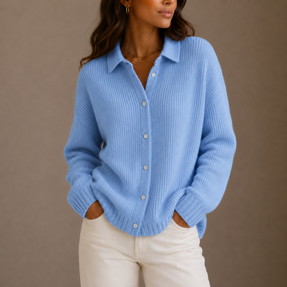 Tessa Collared Ribbed in Blue – Women's Cardigan
