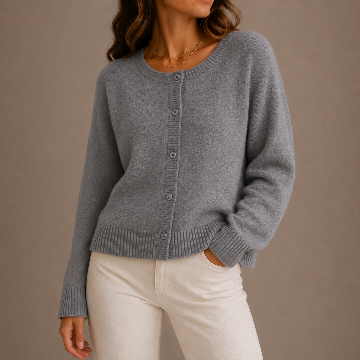 Fenna Round Neck Button-Up – Women's Cardigan in Gray