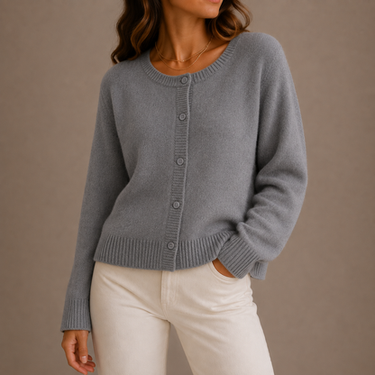Fenna Round Neck Button-Up – Women's Cardigan in Gray