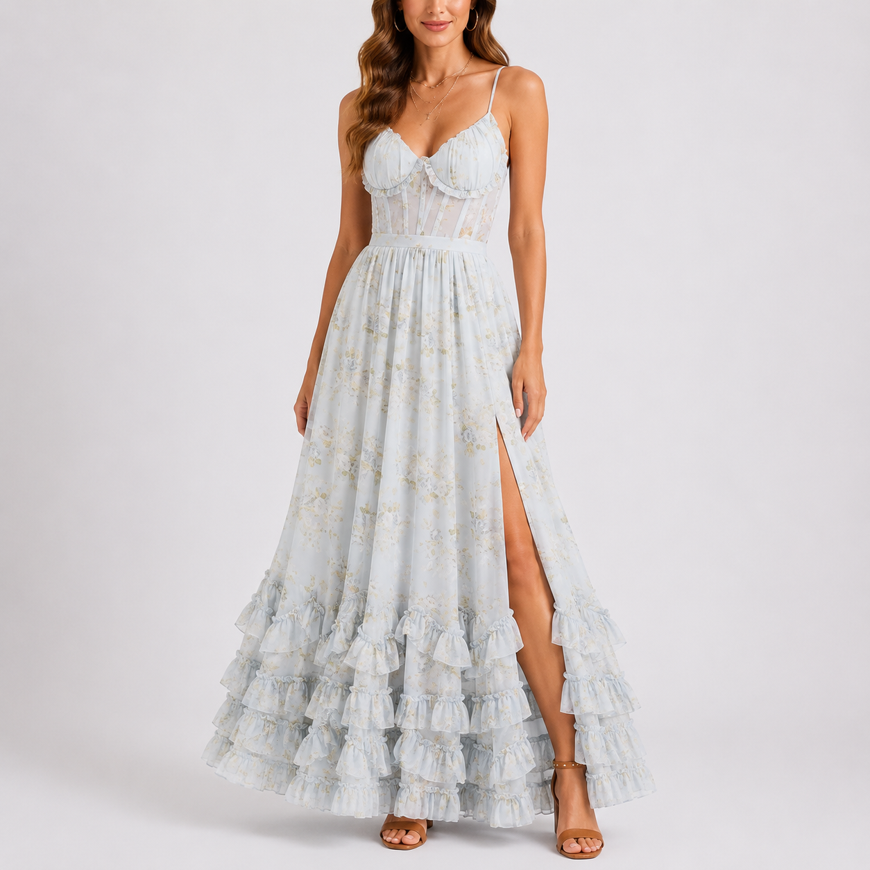 Neve Floral Corset in Blue – Women's Maxi Dress