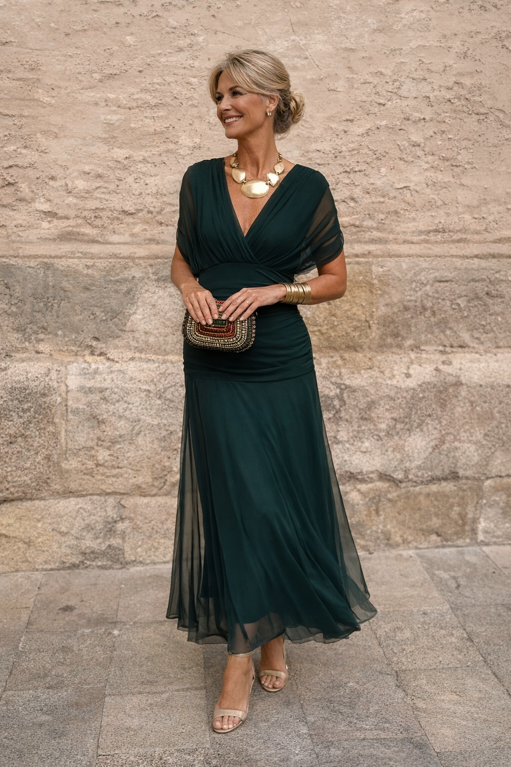 Lorelei Wrap V-Neck Chiffon – Women's Maxi Dress in Dark Green