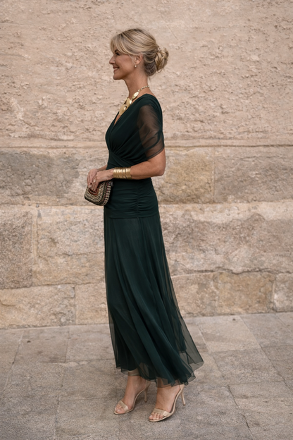 Lorelei Wrap V-Neck Chiffon in Dark Green – Women's Maxi Dress