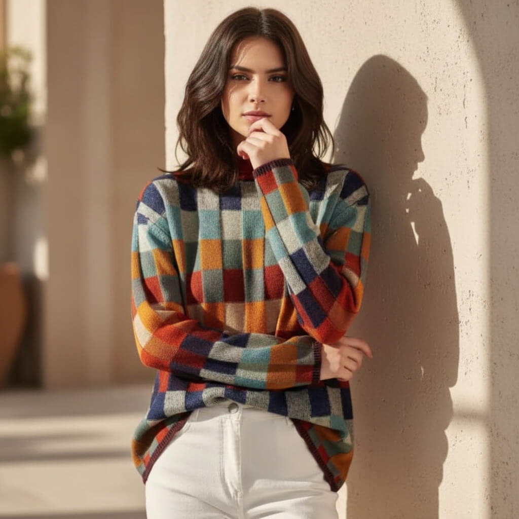 Checkered Merino Sweater | Soft Wool Blend, Cozy Fit for Women 2