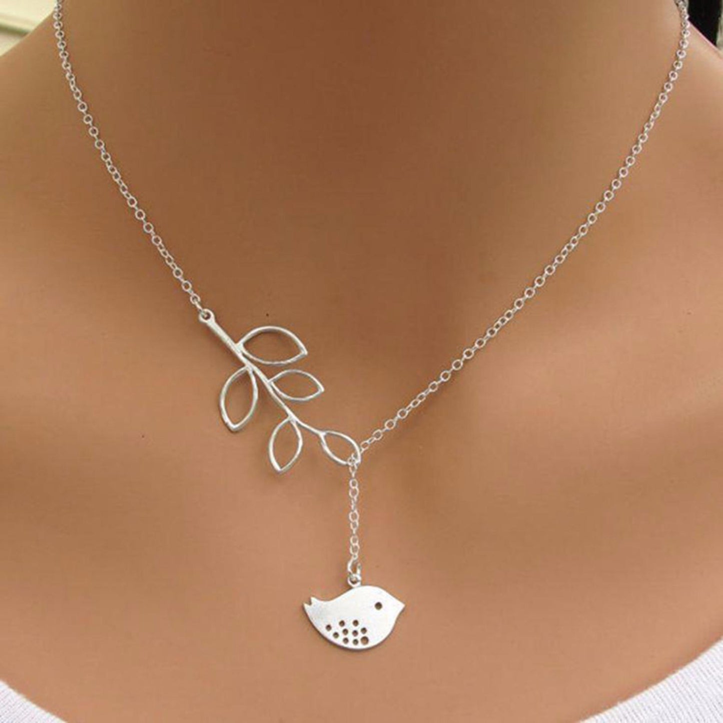 Chic Little Bird Lariat Necklace | Silver Branch Design, Adjustable Length 0