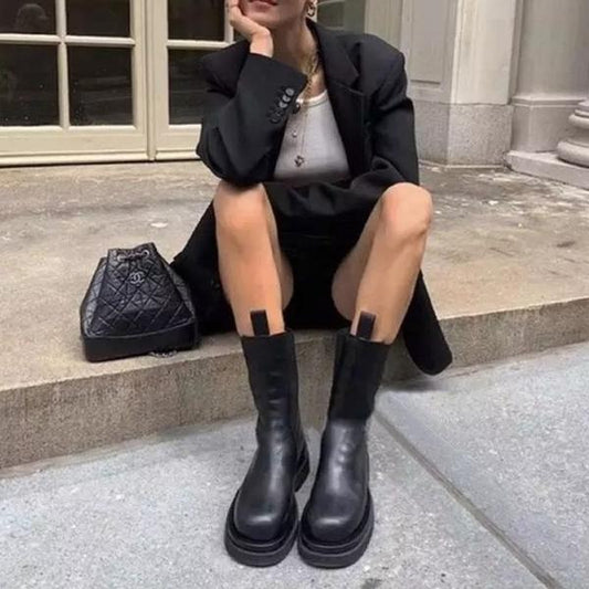 Chic Mid-Calf Leather Boots for Women | Genuine Black Leather, Chunky Sole 0