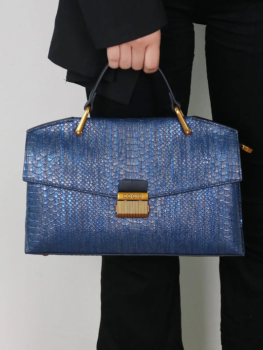 Chic Vegan Leather Bag | Embossed Snake Print, Royal Blue Elegance 0