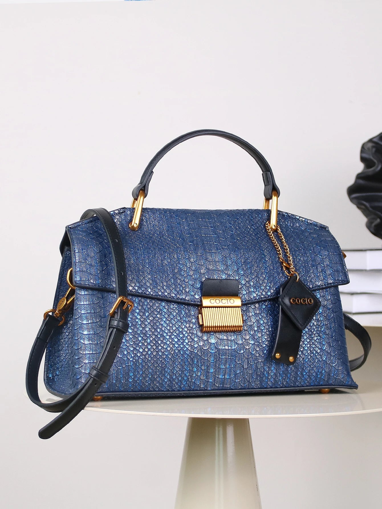 Chic Vegan Leather Bag | Embossed Snake Print, Royal Blue Elegance 3