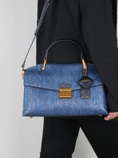 Chic Vegan Leather Bag | Embossed Snake Print, Royal Blue Elegance 4