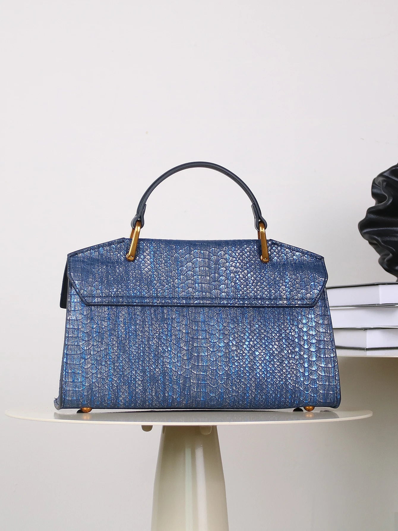 Chic Vegan Leather Bag | Embossed Snake Print, Royal Blue Elegance 5
