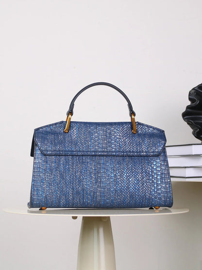 Chic Vegan Leather Bag | Embossed Snake Print, Royal Blue Elegance 5