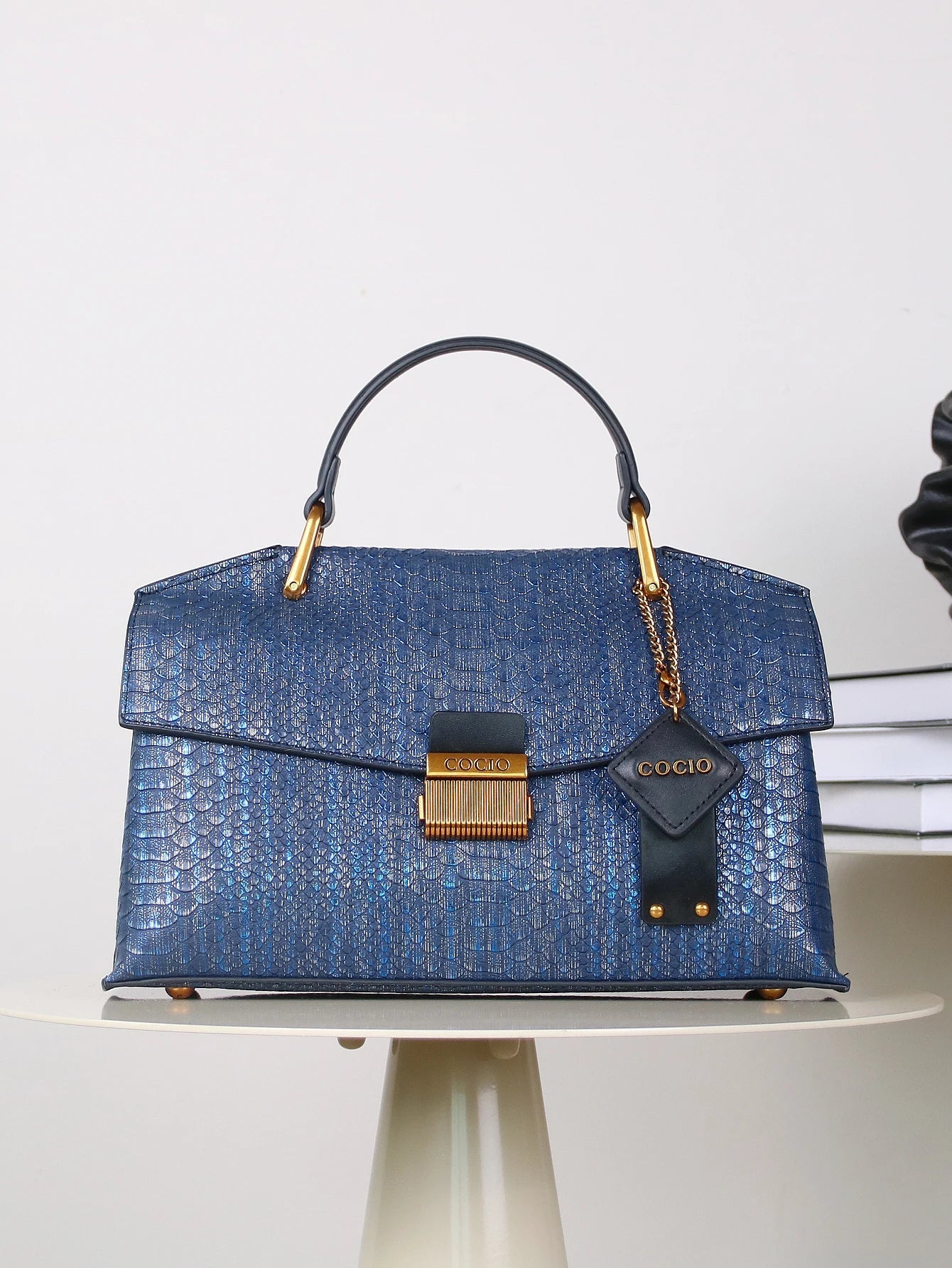 Chic Vegan Leather Bag | Embossed Snake Print, Royal Blue Elegance 6