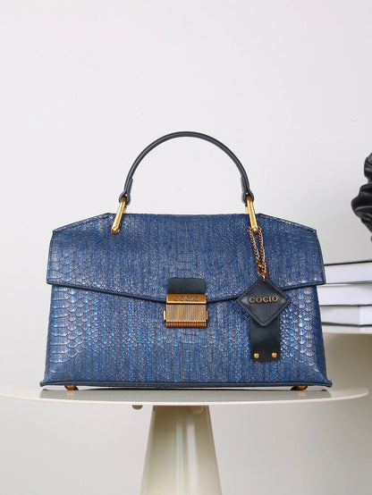 Chic Vegan Leather Bag | Embossed Snake Print, Royal Blue Elegance 6