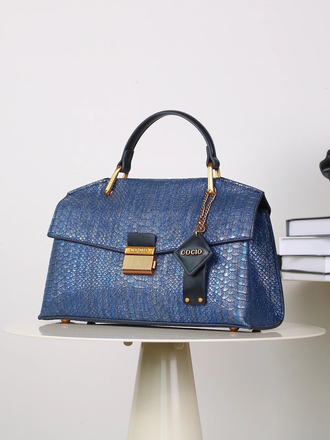 Chic Vegan Leather Bag | Embossed Snake Print, Royal Blue Elegance 7