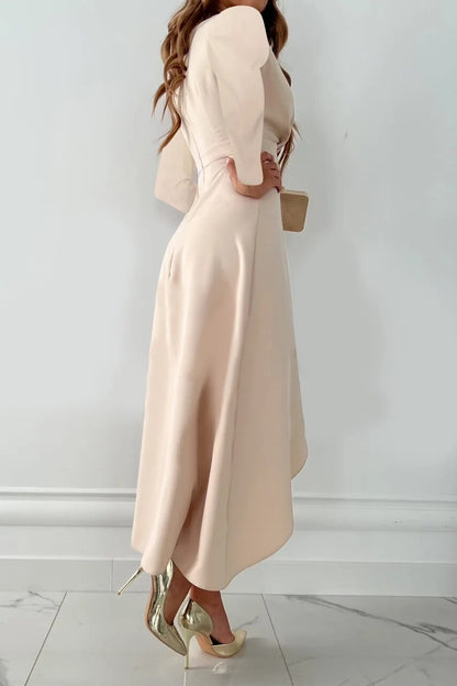 Chic White Midi Dress for Women | Asymmetric V-Neck, Long Sleeve 1
