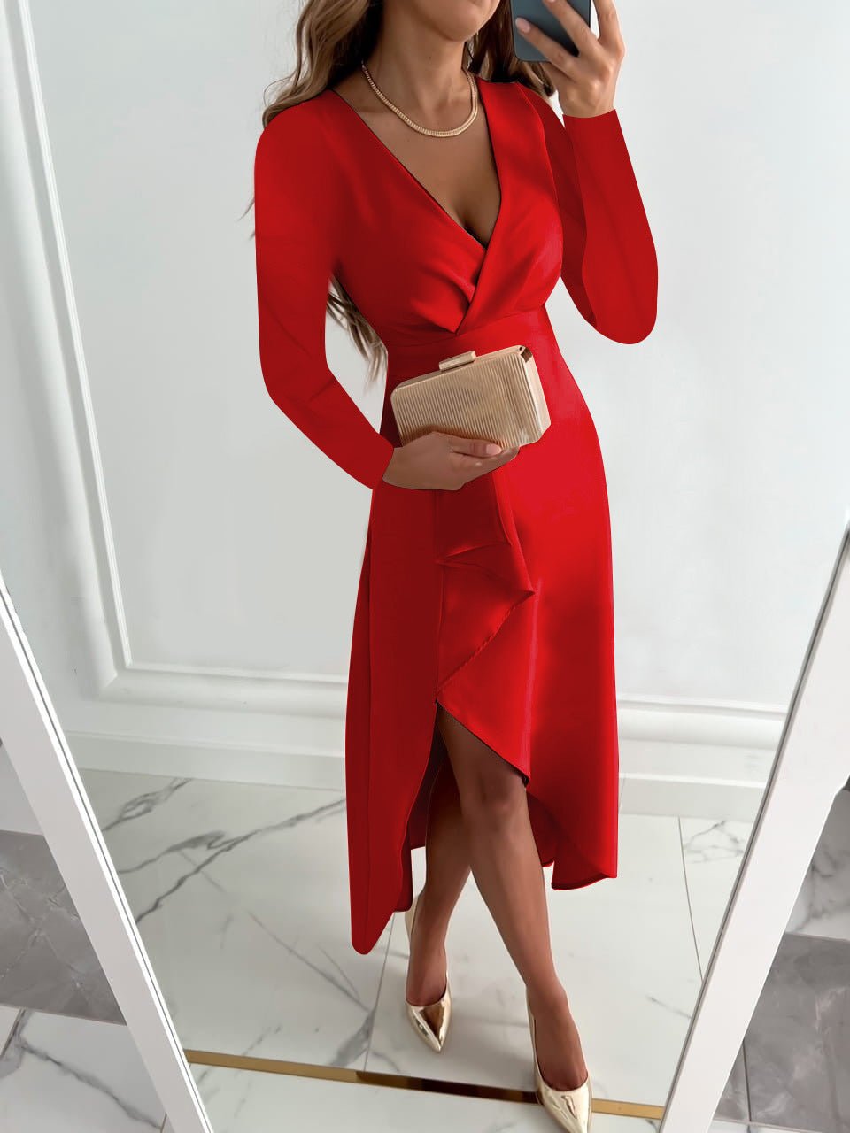 Chic White Midi Dress for Women | Asymmetric V-Neck, Long Sleeve 3