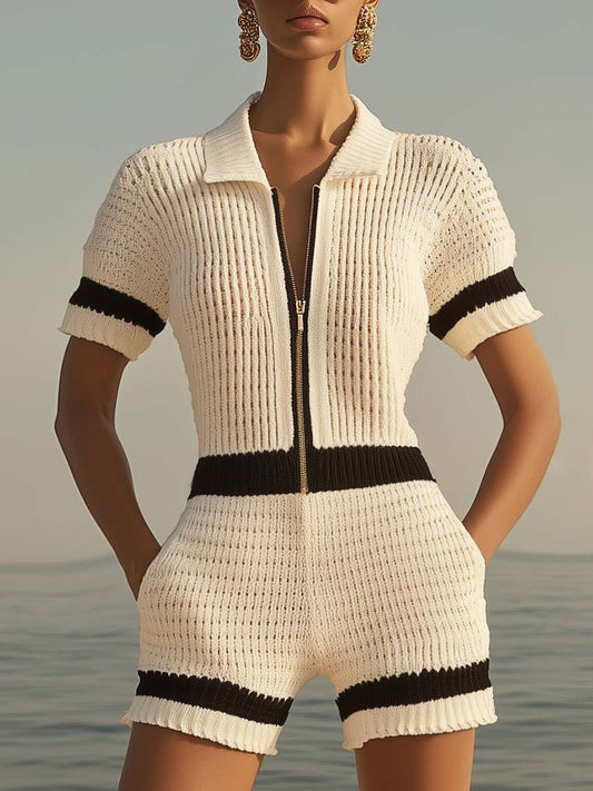 Chic Women's Jumpsuit | Breathable Knit with Front Zipper, Short Sleeve 0