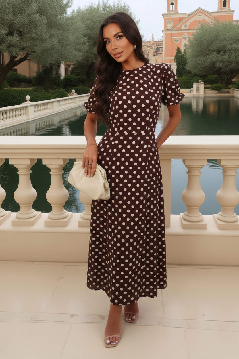 Rosalie Polka Dot Puff Sleeve – Women's Midi Dress in Chocolate