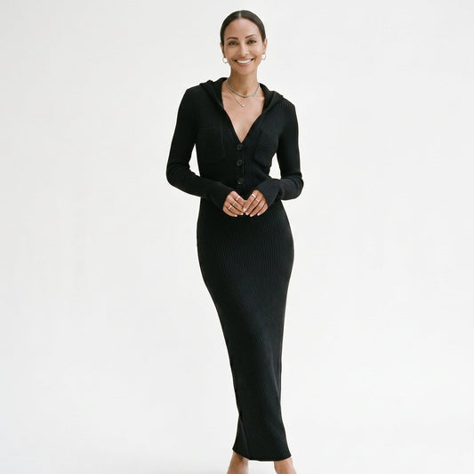 Liliane Hooded Knit – Women's Maxi Dress in Navy