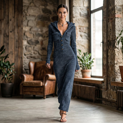 Liliane Hooded Knit – Women's Maxi Dress in Navy