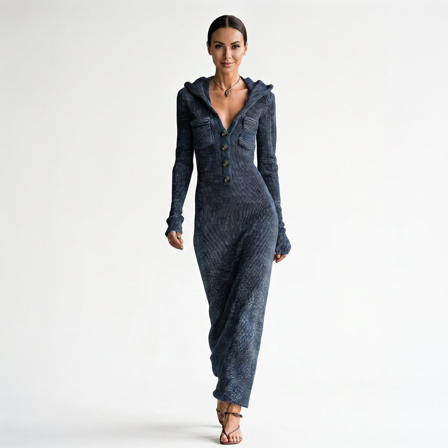 Liliane Hooded Knit – Women's Maxi Dress in Navy