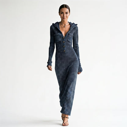Liliane Hooded Knit – Women's Maxi Dress in Navy