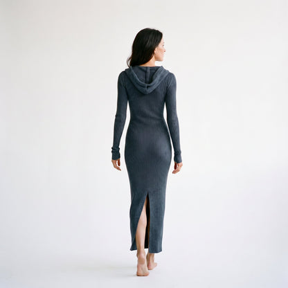 Liliane Hooded Knit – Women's Maxi Dress in Navy