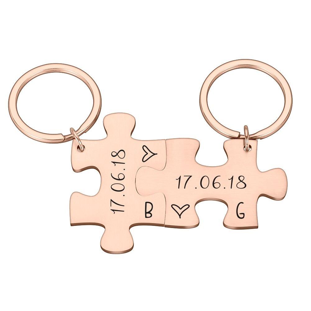 Couple's Puzzle Keychain Set | Custom Engraved Stainless Steel 3