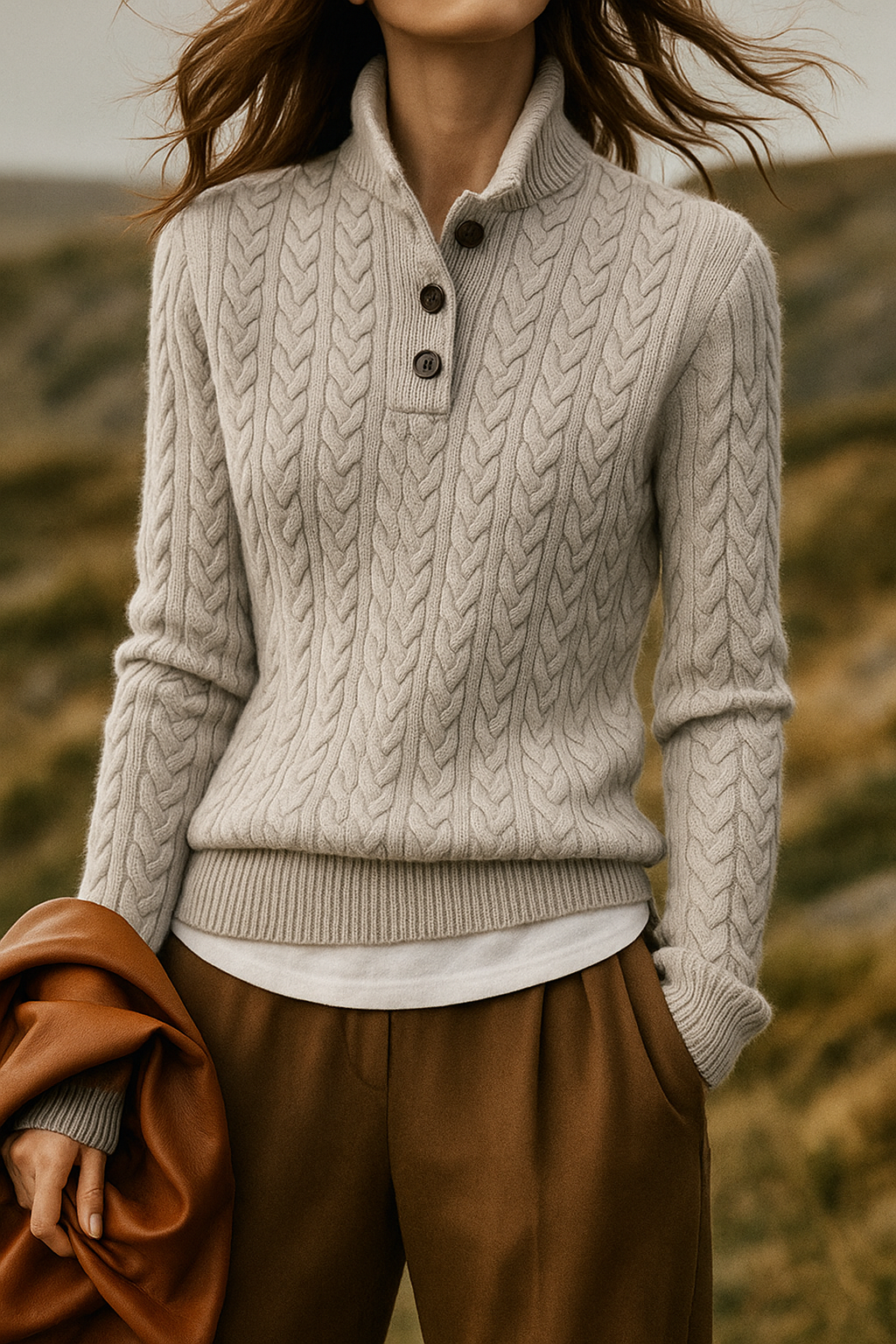 Cozy Button-Up Cashmere Sweater for Women | Soft Wool Blend, Cable-Knit 10