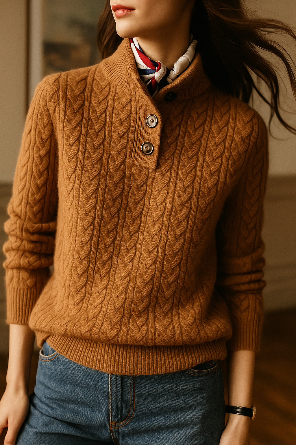 Cozy Button-Up Cashmere Sweater for Women | Soft Wool Blend, Cable-Knit 2