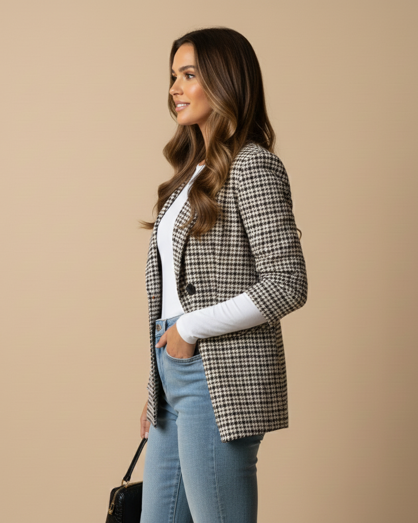 Woman wearing a plaid blazer, white shirt, and blue jeans on a beige background