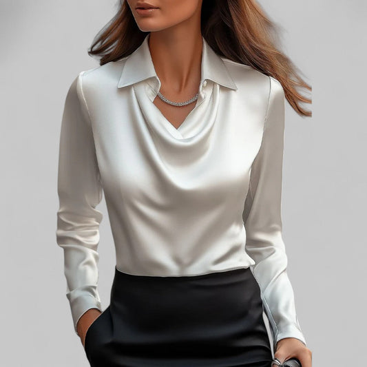 Draped Neck Silk Blouse | Women's Long Sleeve Top, Elegant Plus Size Available 0
